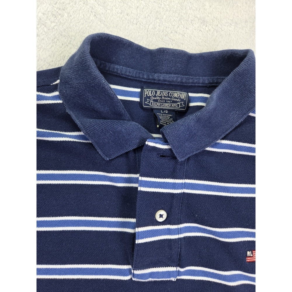Vintage Polo Jeans Co Ralph Lauren Polo Shirt Mens Large Blue Striped RL Flag - Picture 2 of 8
